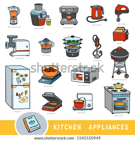 Color set of kitchen appliances, collection of vector items with names in English. Cartoon visual dictionary for kids