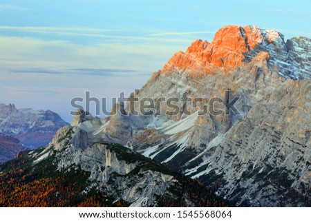 Sunrise alpine landscape over Cristallo Mountain in the Dolomites, Italy, Europe