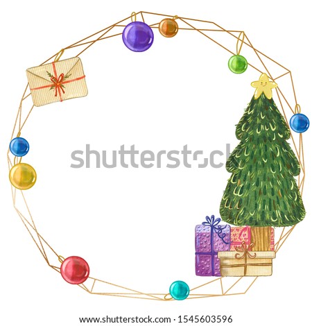 Winter gold polygonal frame with watercolor woodland elements. Childish art for Christmas holiday decor.