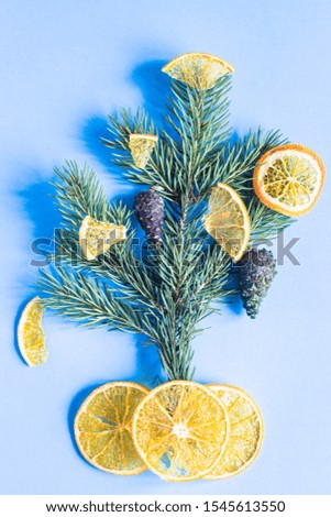 Minimalistic Christmas or New Year tree made of fir branch, cones and dried orange fruit slices on blue paper background. Holiday concept. Flat lay, top view.