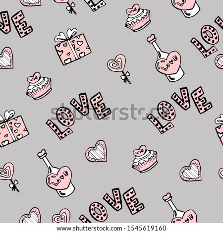Happy Valentines day seamless pattern. Hand-drawn illustration of cupcakes, love bottles, gift boxes, lollipops and hearts. Grey background. Romantic background. Scandinavian, trendy design. Clip art.