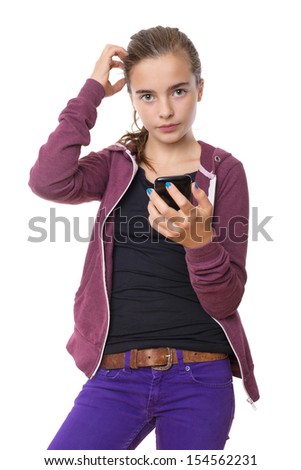 confused beautiful teenage girl with mobile phone, , isolated on white.