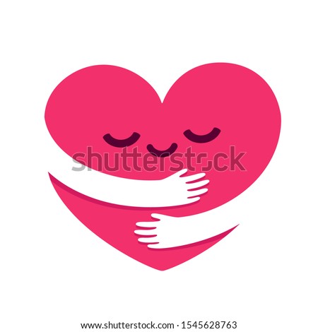 Love yourself, cute cartoon heart character hug. Kawaii heart with hugging arms. Self care and happiness vector illustration. Royalty-Free Stock Photo #1545628763