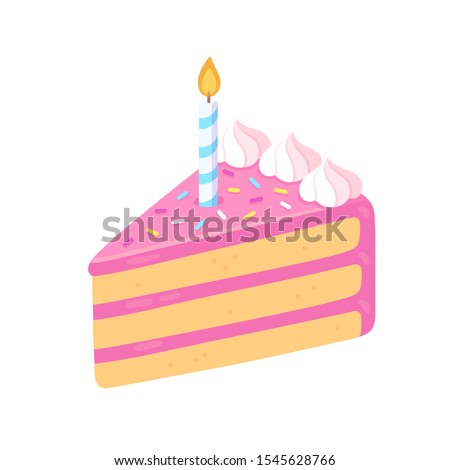 Slice of birthday cake with candle, pink frosting and sprinkles. Happy Birthday greeting card design element. Cartoon style isolated vector clip art illustration.
