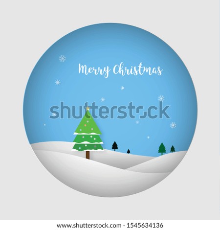 Merry Christmas. Illustration of pine trees on the hills and snow flakes. Vector illustration.