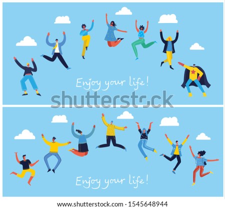 Concept of young people jumping on blue background. Stylish modern vector illustration card with happy female and male teenagers and hand drawing quote Enjoy your life