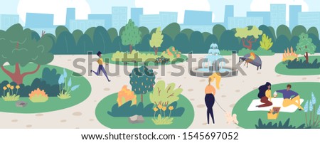 Panorama summer landscape of a small park or square with a fountain. Girl walking a dog, a couple having a picnic and a girl reading a book on a bench. 