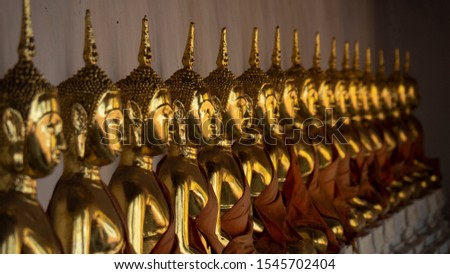 A long line of golden statues of the Buddha at Buddhist temple in Thailand, a portrait of side view.