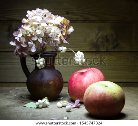 still life with hydrangea and apples,
low key