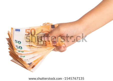 hand with banknotes on a white background