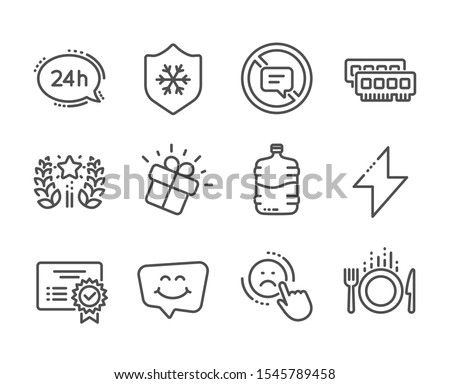 Set of Business icons, such as Ram, Certificate, Smile chat, Dislike, Gift, 24h service, Clean skin, Energy, Food, Cooler bottle, Ranking, Stop talking line icons. Ram icon. Vector