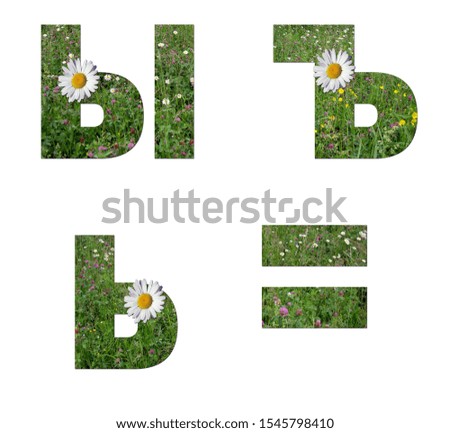 Collage: set of uppercase and lowercase letters of the Russian alphabet from grass and flowers on a white background. It is not a word, the letter s is soft and hard signs. There is no translation