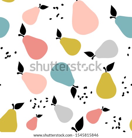 Seamless scandinavian pattern with pastel colored pears. Nordic design. Pastel colored pattern over white background