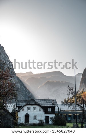 autumn sunset over the beautiful mountains of Hallstatt Austria, mountain landscape sunset 