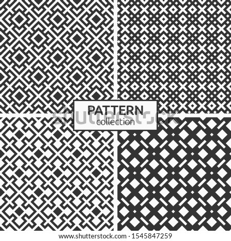 Set of four rhombuses seamless patterns. Abstract vector monochrome backgrounds. Modern stylish textures. Repeating ethnic ornament. Embroidery background. Tribal wallpaper. Ancient mosaic.