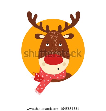 Isolated deer cute smile character. Cartoon scandinavian christmas symbol. Vector Illustration. Emoji. Face With Rolling Eyes