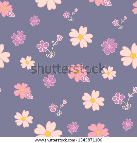 Vector pink and purple flowers on a dark purple blue background vector seamless repeat pattern