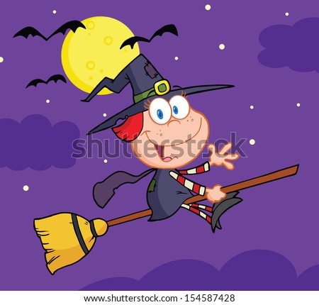 Halloween Little Witch Cartoon Character Waving For Greeting In The Night