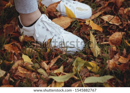 girl walks in the park through yellow foliage in casual clothes, autumn sport concept outdoors