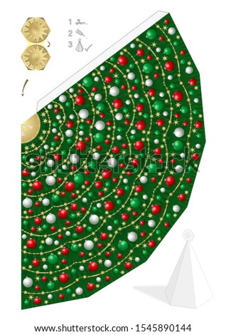 Paper model of christmas tree with red, green and white christmas balls and straw stars. Template to cut out, to fold and glue. Vector illustration on white background.  
