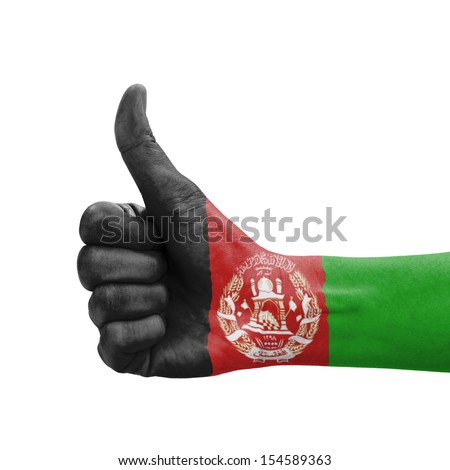 Hand with thumb up, Afghanistan flag painted as symbol of excellence, achievement, good - isolated on white background
