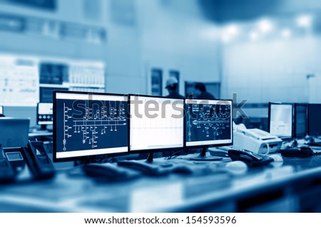 Modern plant control room and computer monitors Royalty-Free Stock Photo #154593596