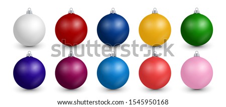 Realistic Christmas balls collection. Set of colorful festive decoration for Christmas tree isolated on editable white background. Shiny vector clip art for invitation, card, poster, banner, wallpaper