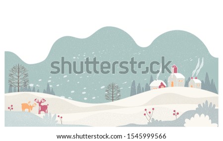 Vector illustration of a Christmas winter landscape postcard.Retro color of winter countryside landscape with  deer.Minimal winter concept. Royalty-Free Stock Photo #1545999566
