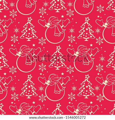 New Year and Christmas background. Seamless pattern with snowman and Christmas tree on red background. Great for new year cards, poster, banners, invitations. Color image. Vector.