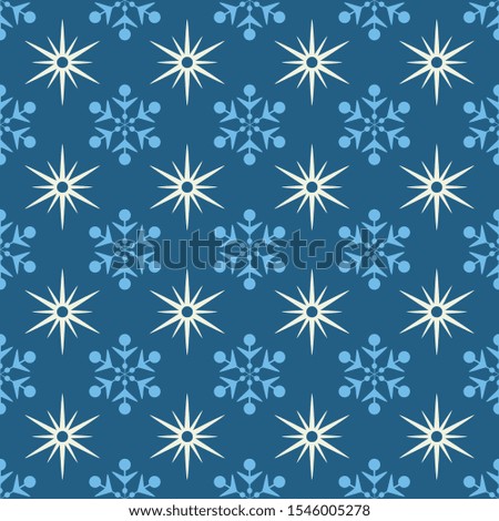Wallpaper seamless pattern with snowflakes and stars. Blue color. Great for Christmas cards, poster, banners, invitations. Vector.