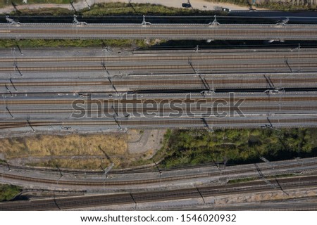 Aerial shot of dense electrified railway line top view