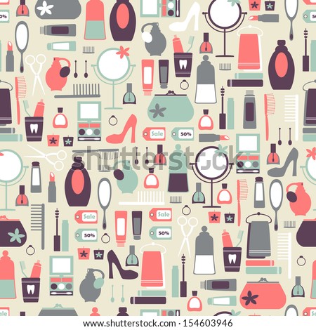 Vintage pattern with cosmetic icons. Vector seamless background with cosmetics elements.