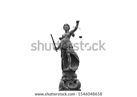 Justilia or Themis (Symbol of Justice) statue isolated on white background with clipping path