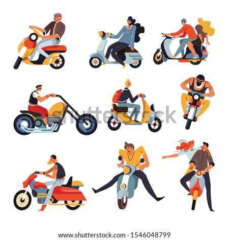 Motorbike racers, bikers riding motorcycles, isolated characters vector. Men and women on mopeds and scooters or sportbikes, extreme sport and driving vehicle. Guys in helmets, motocross races
