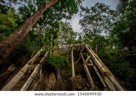 background of the wooden or steel bridges built to facilitate the journey up the high mountains(Stairs to Hilltop Pagoda,Wat Tham Seua Krabi) blurred by the wind blowing through and surrounded by tree
