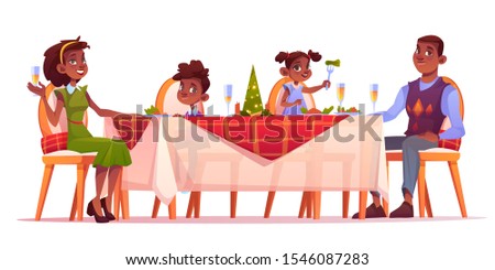 Christmas dinner, happy family sitting at festive served decorated table with food, afro-american dark skin mother father and kids celebrate winter holidays. Cartoon vector illustration, clip art