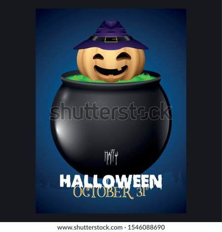 Spooky halloween poster with a pumpkin in a witch cauldron - Vector illustration