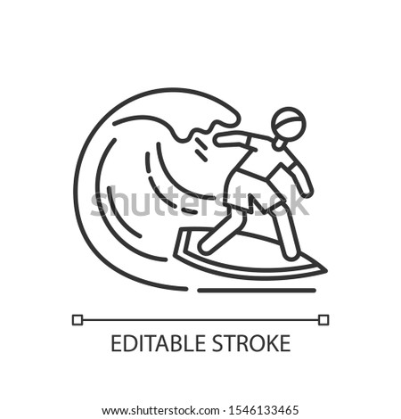 Surfing linear icon. Thin line illustration. Watersport, extreme kind of sport. Catching ocean wave, surfer balancing on board. Contour symbol. Vector isolated outline drawing. Editable stroke
