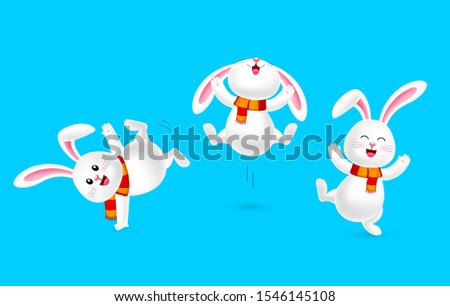 White rabbit with scarf dancing. Merry Christmas and happy new year. Cartoon character design, illustration isolated on blue background.