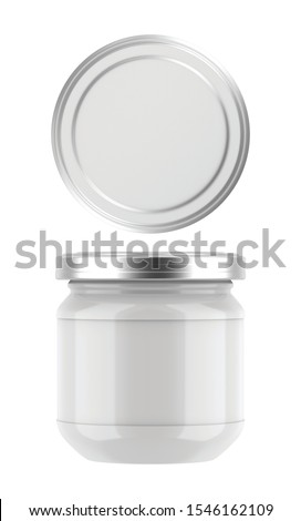 3D rendering jar with metal lid for gel, cream, butter, mayonnaise, jam, sauce, etc. jar template mock up on white background