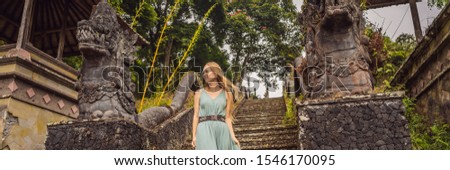 Woman tourist in abandoned and mysterious hotel in Bedugul. Indonesia, Bali Island. Bali Travel Concept BANNER, LONG FORMAT