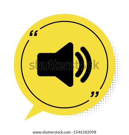 Black Speaker volume icon - audio voice sound symbol, media music icon isolated on white background. Yellow speech bubble symbol. Vector Illustration