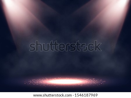 Spotlights. Scene for presentation with smoke illuminated by spotlights. Vector illustration.
