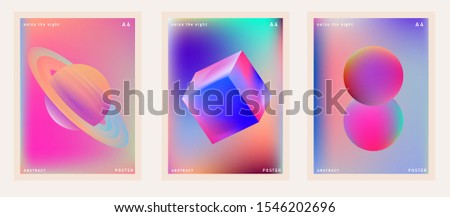 Set of retrofuturistic posters in vaporwave and synthwave style with fantasy cosmic landscape. Cover for music or club event. Royalty-Free Stock Photo #1546202696