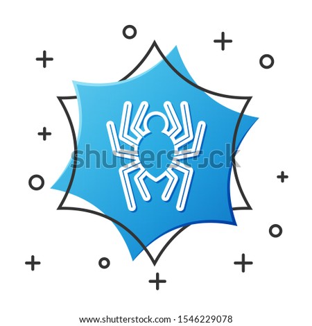 White line Spider icon isolated on white background. Happy Halloween party. Blue hexagon button. Vector Illustration