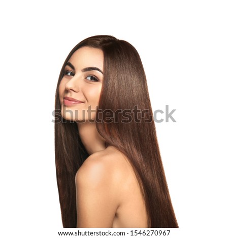 Portrait of beautiful young woman with healthy long hair on white background Royalty-Free Stock Photo #1546270967
