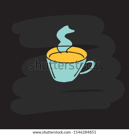 Vector doodle illustration with hand drawn cup of coffee or tea on а black chalk board background for cafe and menu. Vector hand drawn a yellow, blue cup.  EPS 10.