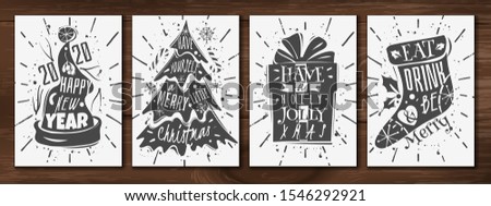 Christmas new year vertical posters in chalkboard lettering style with wishes, quotes, traditional symbols of the holiday. Silhouettes. Vector