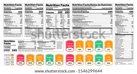 Nutrition facts Label. Vector. Food information with daily value. Data table ingredients calorie, fat, sugar. Package template. Flat illustration isolated on white background. Layout design  Royalty-Free Stock Photo #1546299644