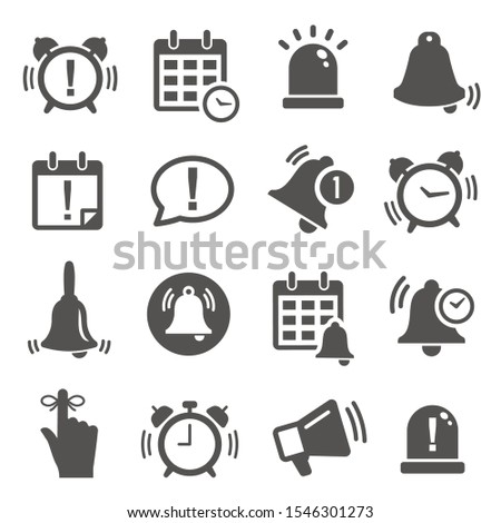 Reminder, notification black and white glyph icons set. Time management, message notice monochrome symbols for mobile UI design. Alarm clocks, calendars and bells silhouette illustrations pack Royalty-Free Stock Photo #1546301273